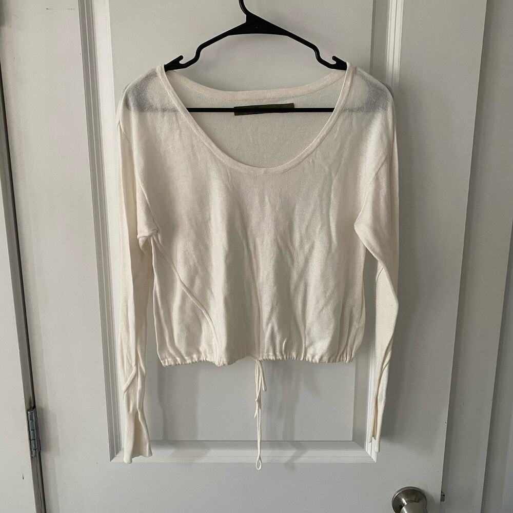 Enza Costa Women's Ecru Cropped Tie Waist Sweater Top sz S Lightweight Cashmere